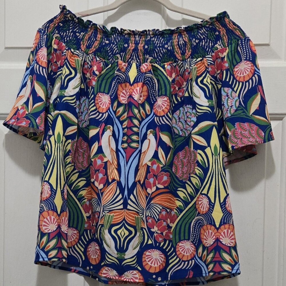 Flying Tomato Off Shoulder Tropical Print Short Sleeve Vacay Cruise Woven Top